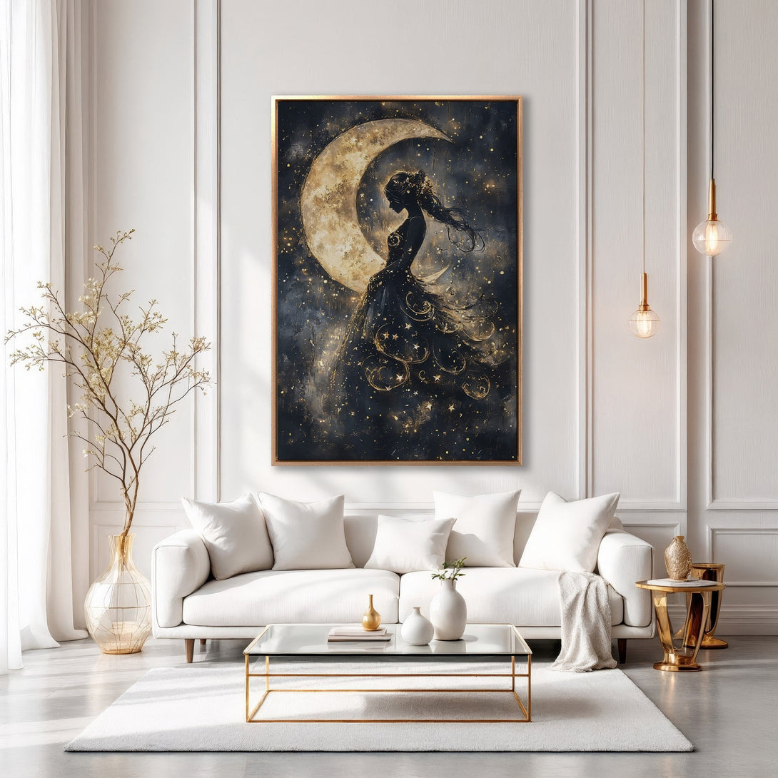 Framed Wall Art: Elegant woman silhouette in a dark, gold, and white color palette. Perfect for adding a touch of sophistication to your home decor.