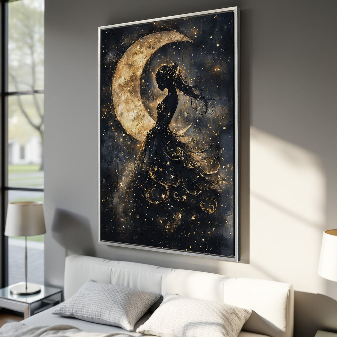 Framed Wall Art: Celestial woman silhouette against a moonlit sky. Dark, moody art with gold accents. Perfect for bedroom decor.