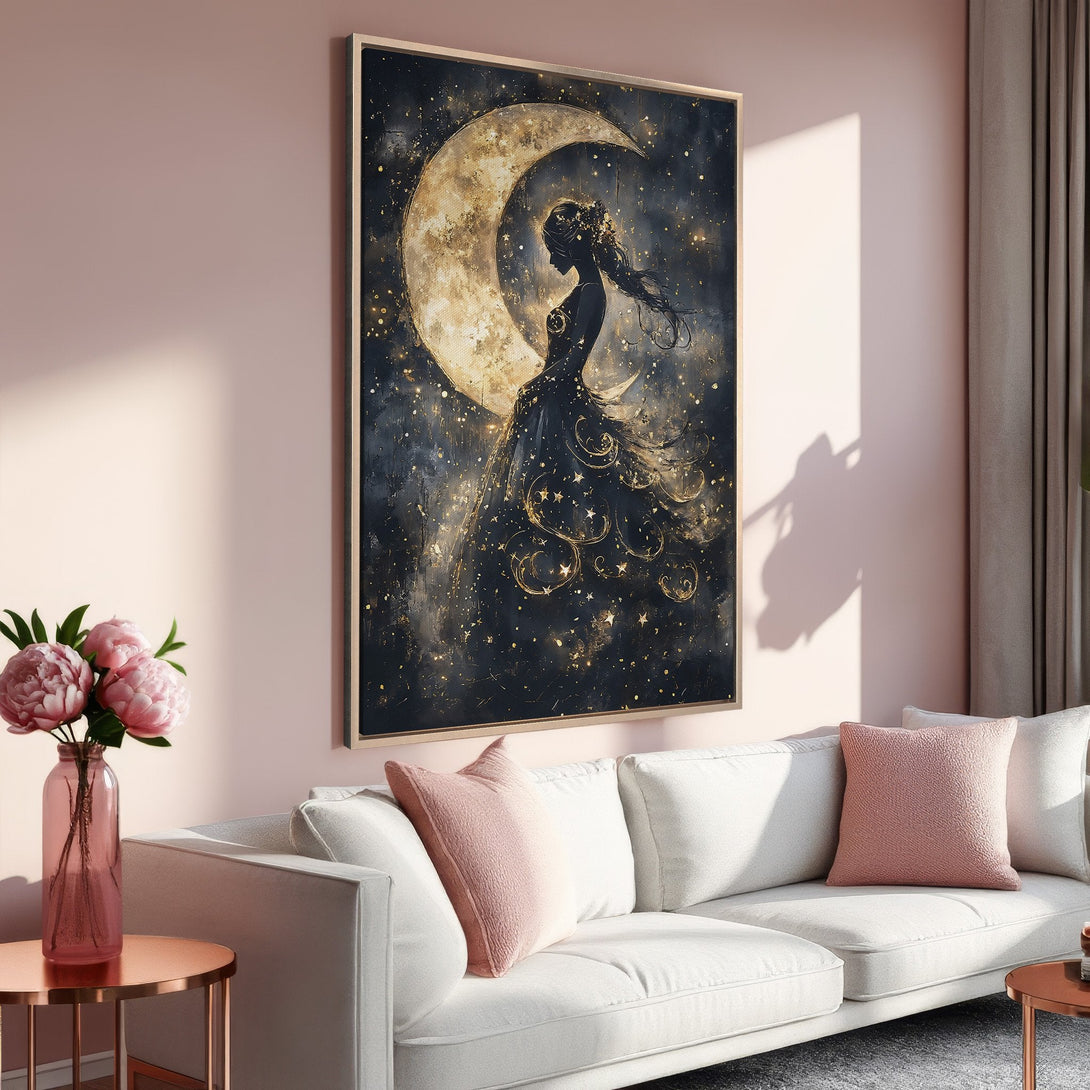Framed Wall Art: Celestial woman silhouette with moon, gold and dark blue tones. Modern art print for bedroom or living room decor.