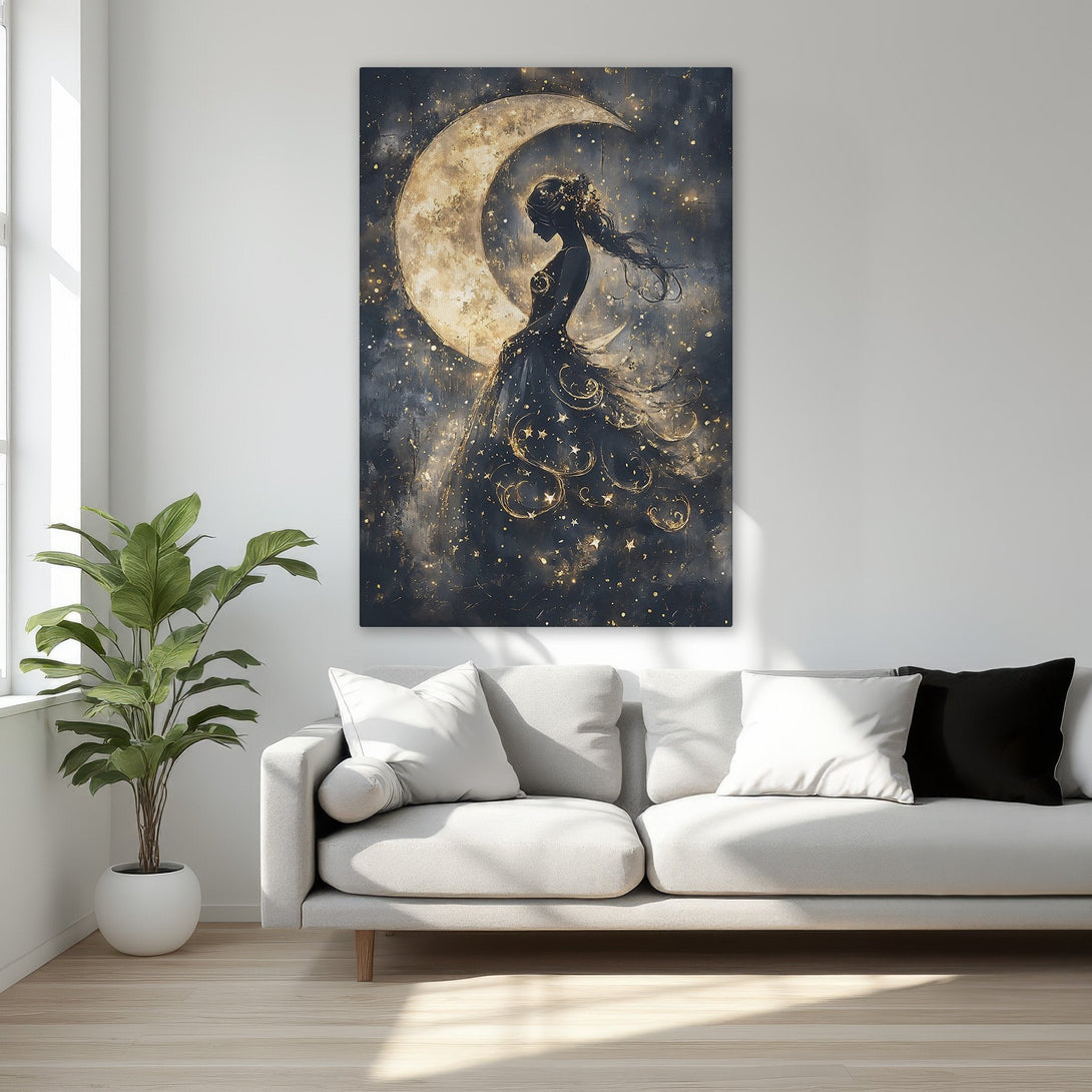 Framed Wall Art: Elegant woman silhouette on moon canvas print. Dark, gold, and beige color palette. Perfect for bedroom decor.