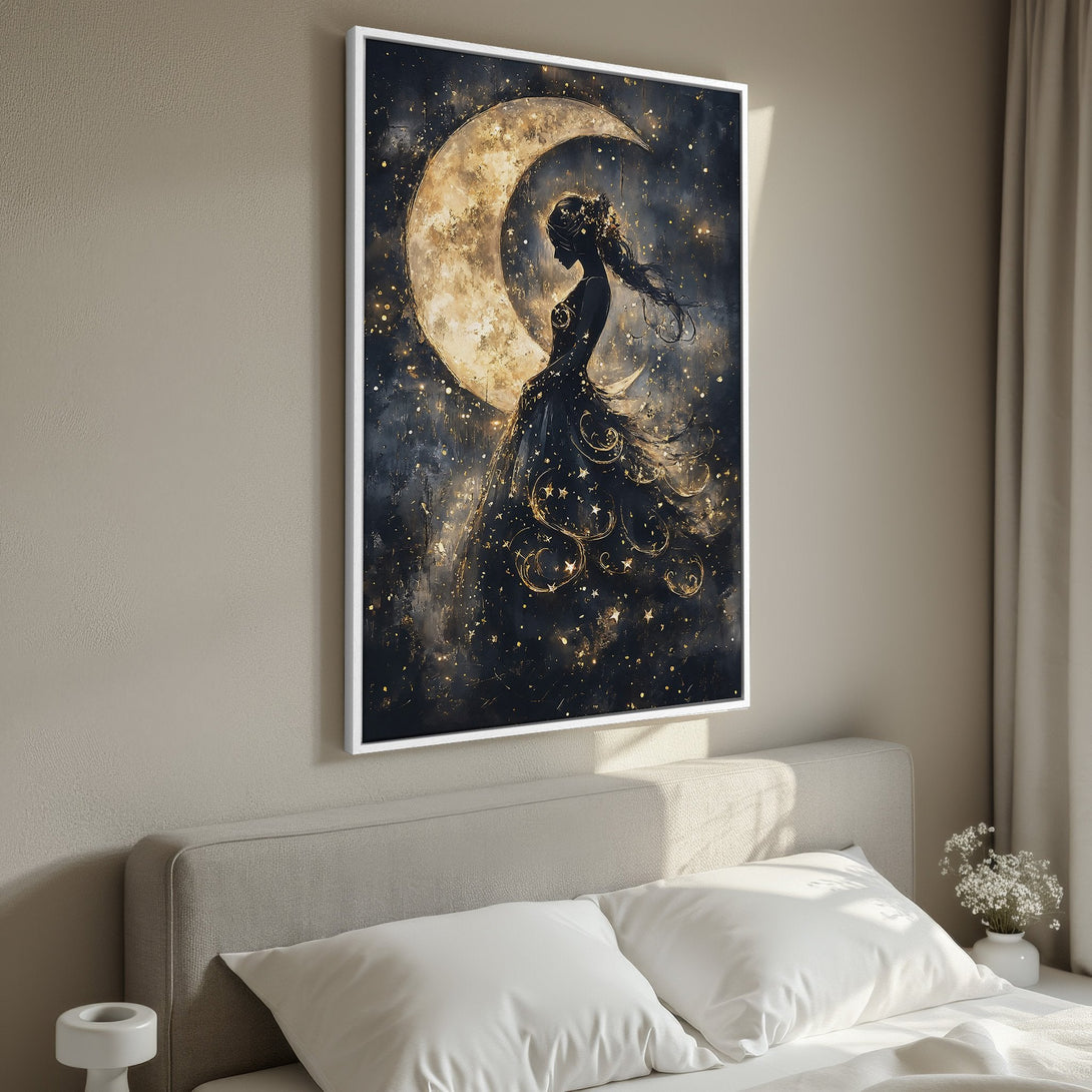 Framed Wall Art: Celestial woman silhouette against a moon, dark and gold color palette. Perfect for bedroom decor. Add a touch of magic to your space!