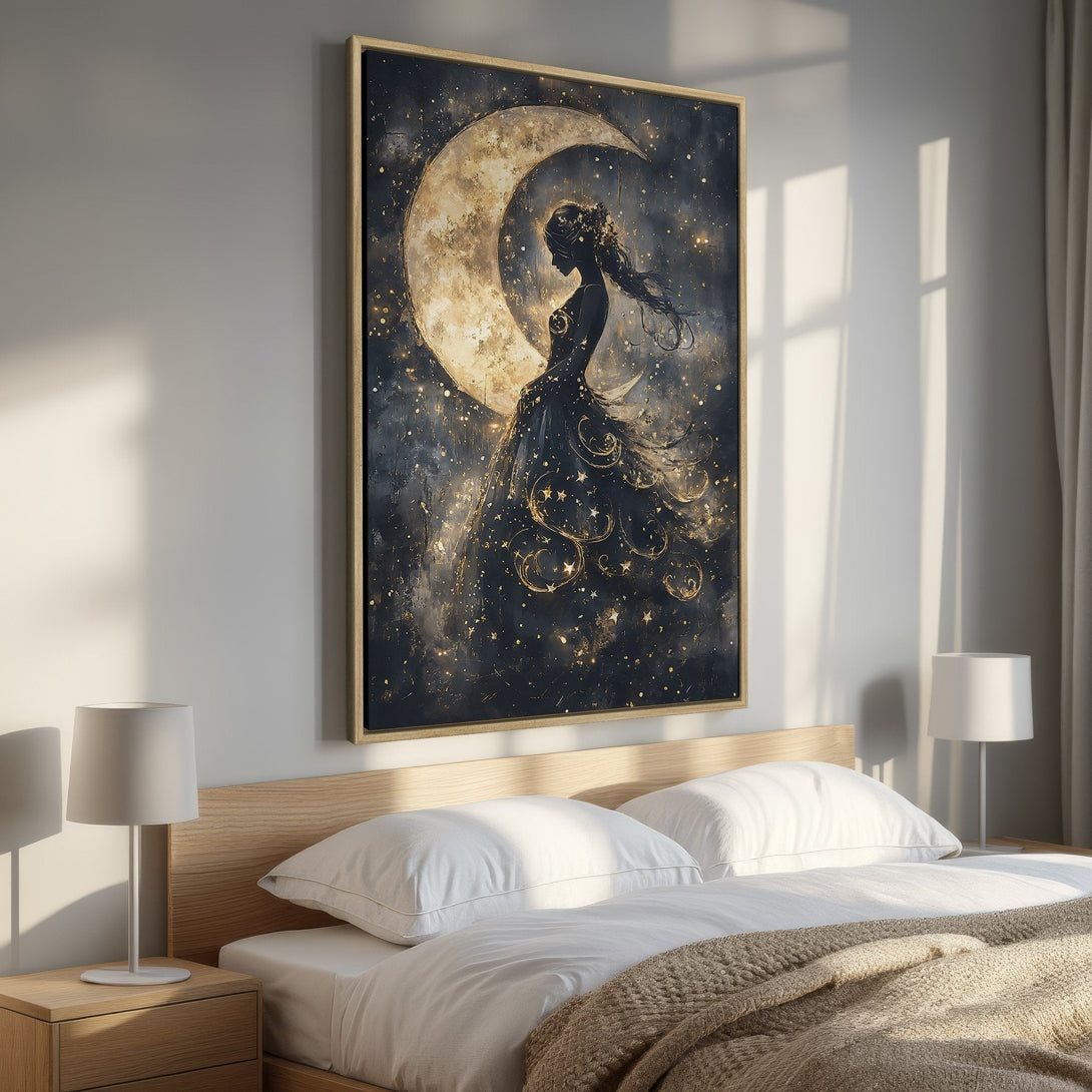 Framed Wall Art: Celestial woman silhouette against a moon, dark blue and gold color palette, perfect for bedroom decor.
