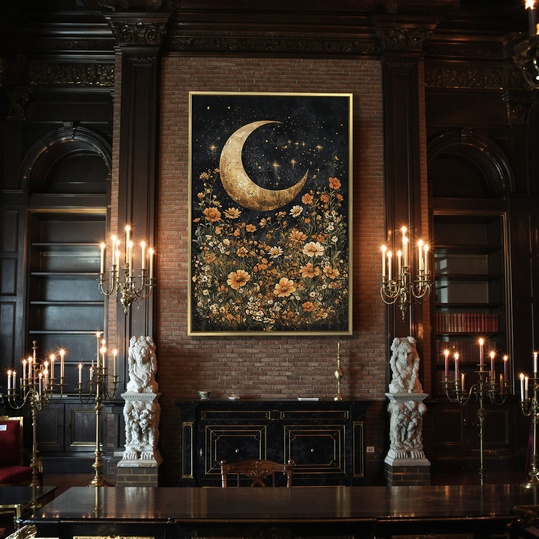 Canvas Print: Moon and floral art in moody orange and black color palette, perfect for Halloween decor. Adds a touch of gothic elegance.