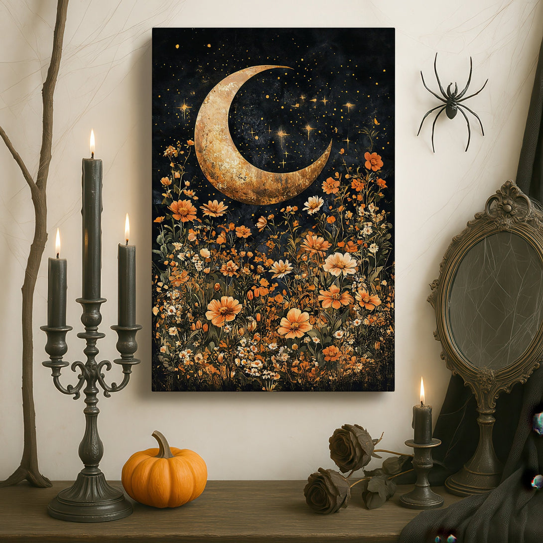 Framed Wall Art: Celestial moon and floral design in a dark, moody interior. Warm gold and orange hues contrast against a deep black background.