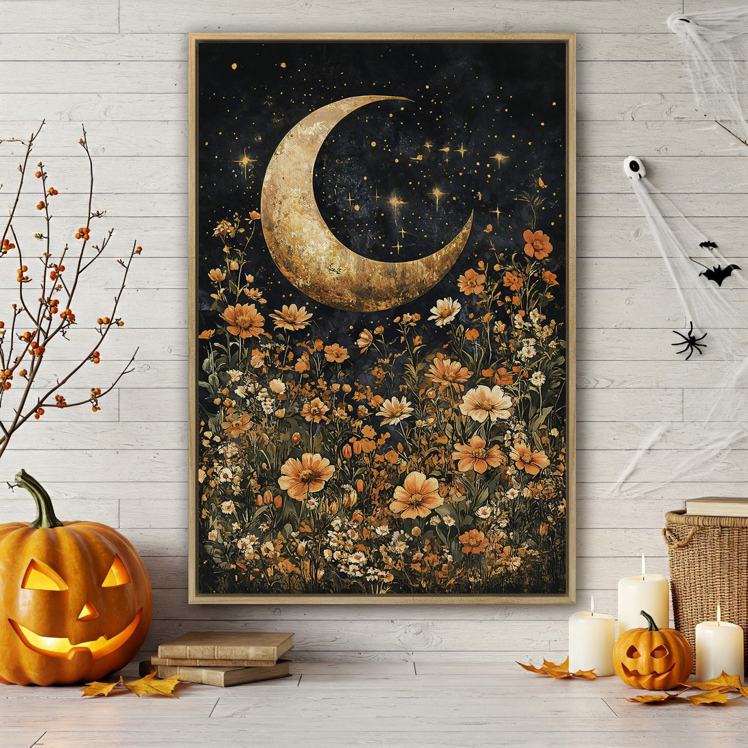 Framed Wall Art featuring a celestial moon and floral design in warm orange and gold hues, perfect for fall decor and Halloween vibes.