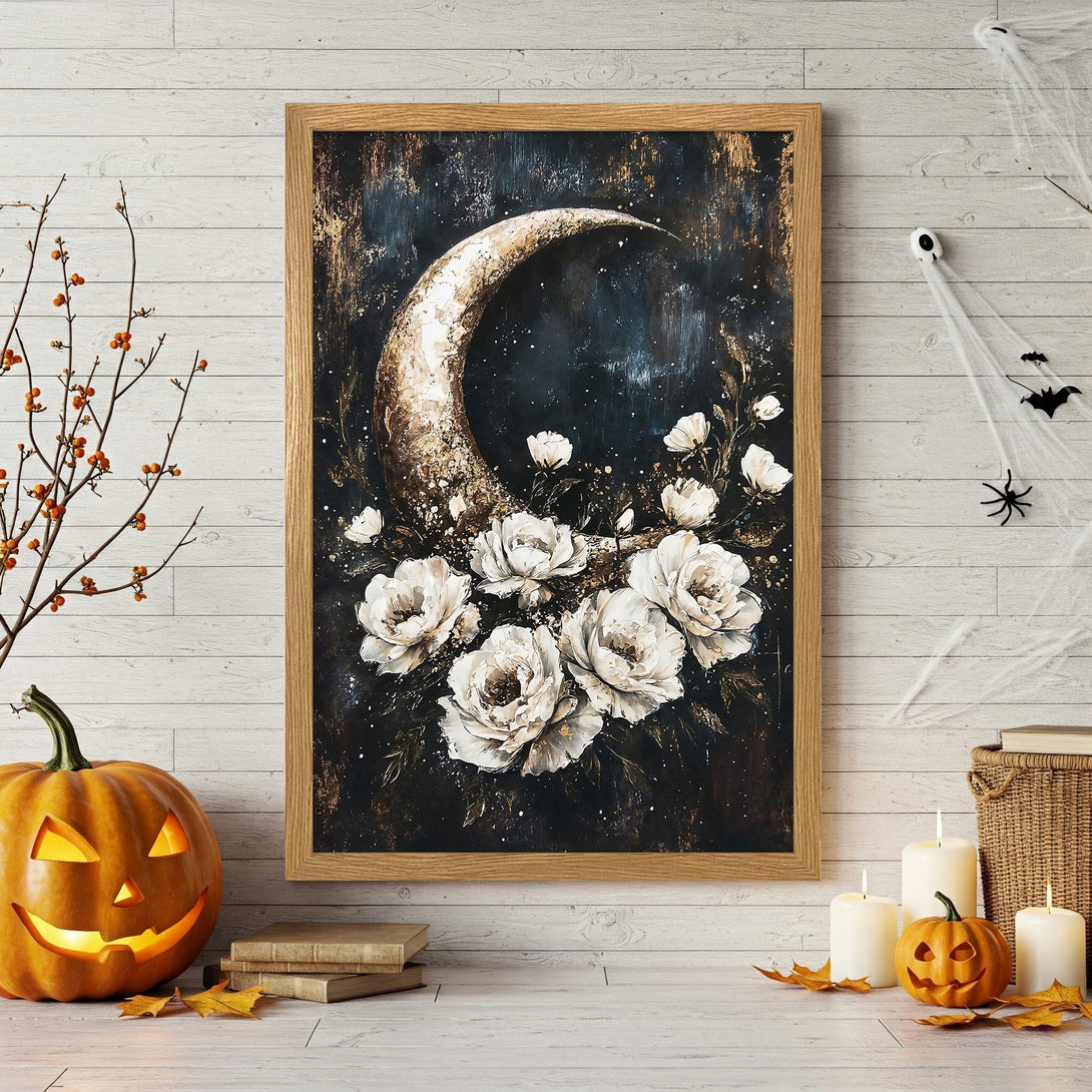 Framed Poster featuring a moon and floral art in a dark, moody style with white and gold accents. Perfect for Halloween decor!
