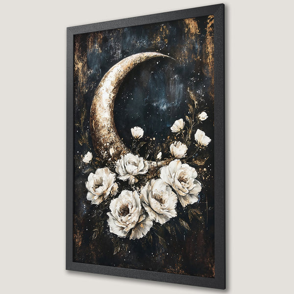 Framed Poster featuring a crescent moon and white roses in a dark, painterly style. Elegant wall art with a moody, gold and black color palette.