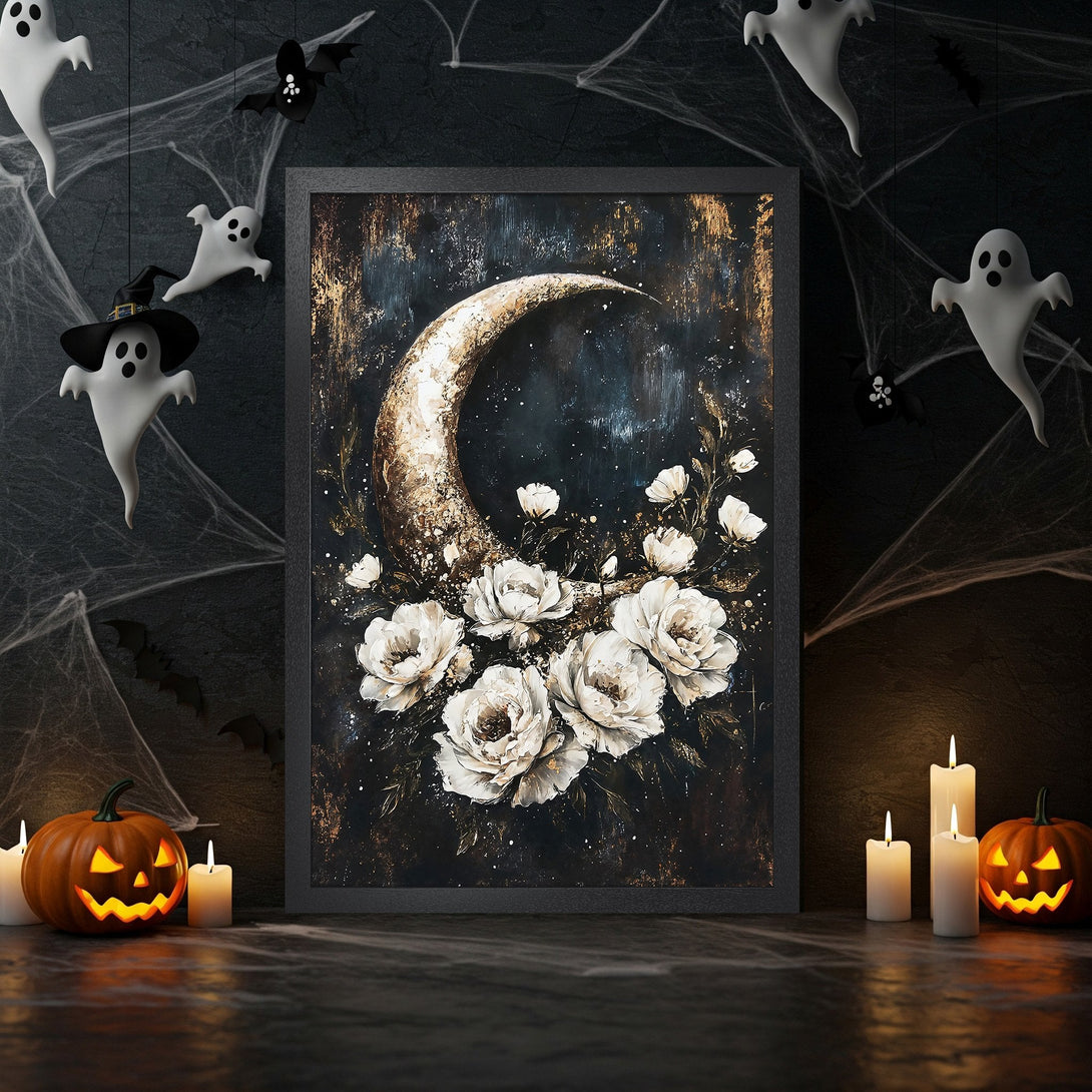Framed Poster featuring a moon and floral art in a dark, moody style with gold and white accents. Perfect Halloween decor.