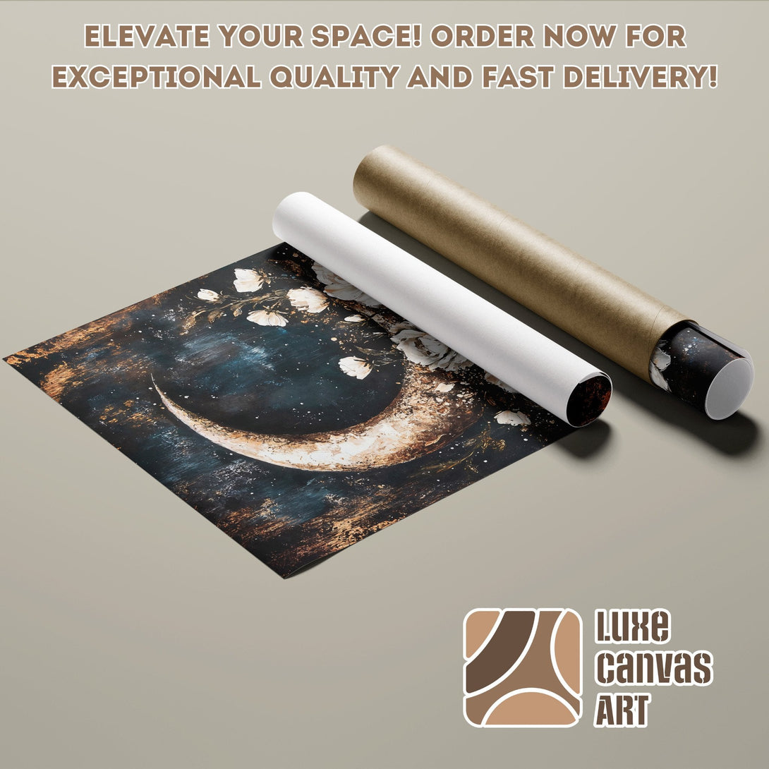 Poster Roll with celestial art. Dark blue, gold, and white color palette. Elevate your space with Luxe Canvas Art.