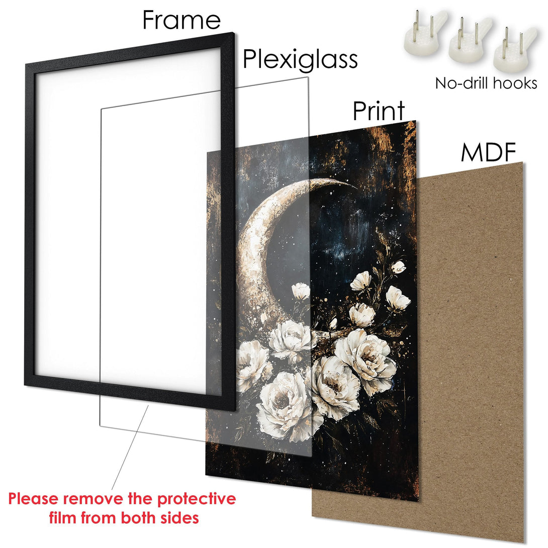 Framed Poster featuring elegant white roses and a moon against a dark, textured background. Modern art style, neutral color palette.