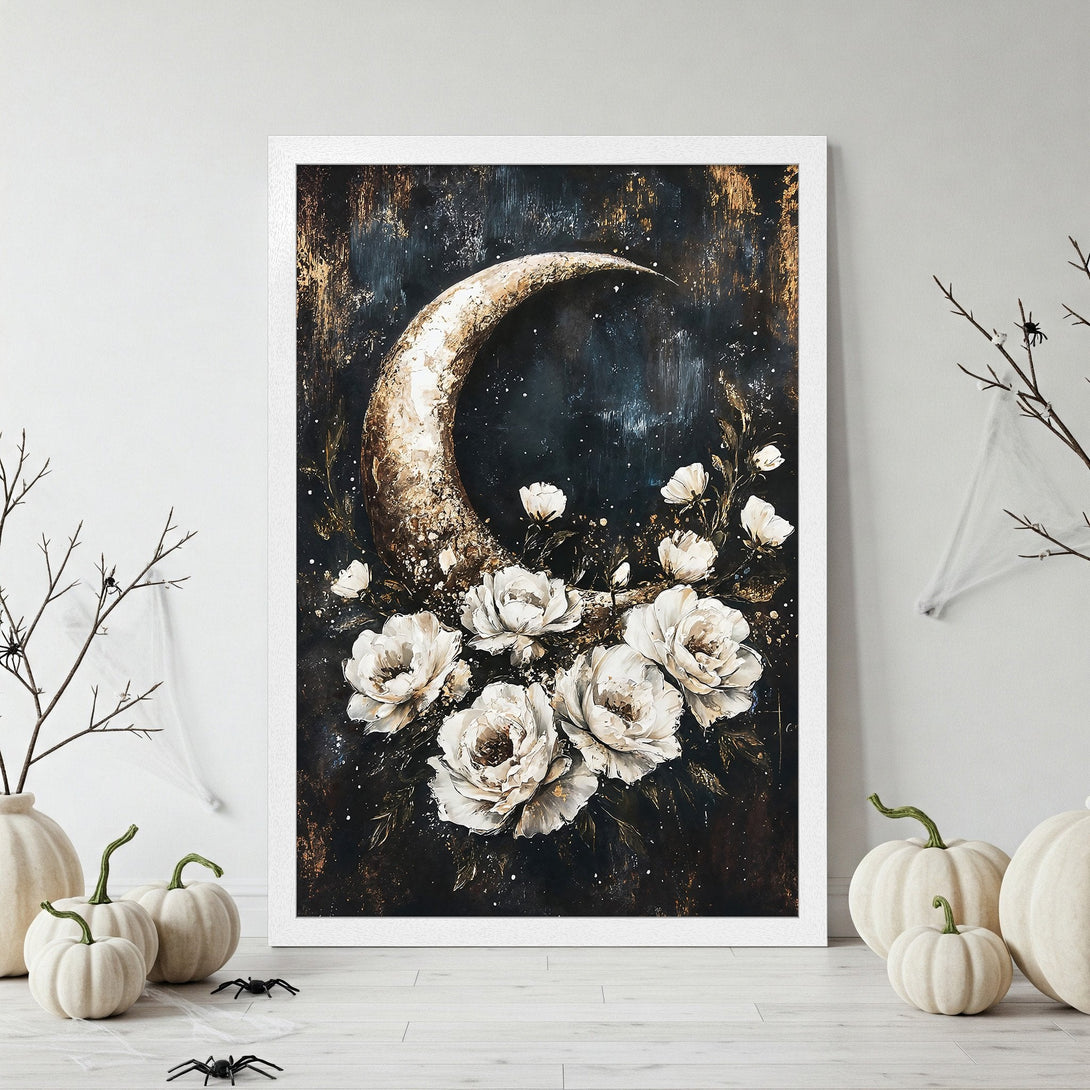 Framed Poster featuring a crescent moon and white roses, dark and gold tones, perfect wall art.
