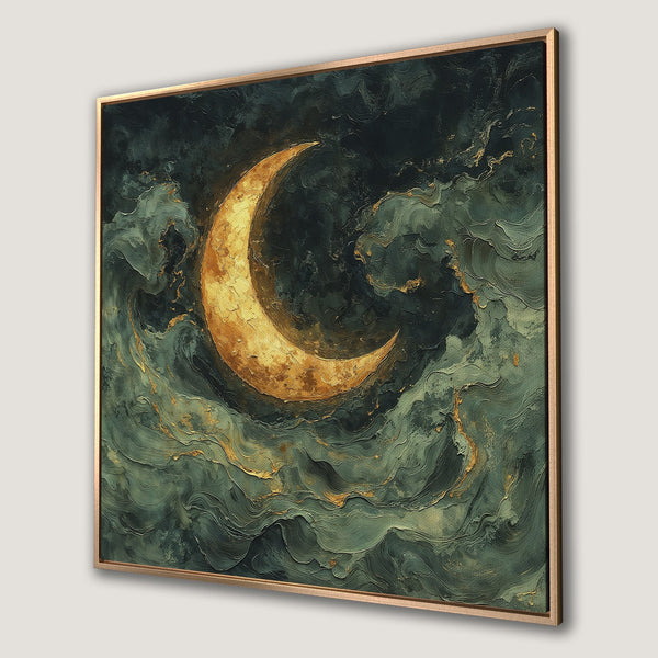 Framed Wall Art featuring a golden crescent moon in a textured, abstract style. Moody teal and gold color palette. Perfect for modern decor.