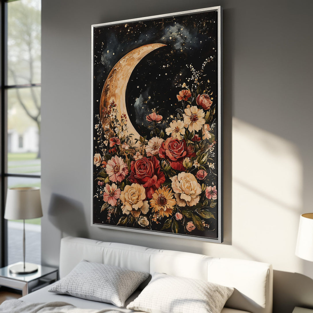 Framed Wall Art featuring a watercolor moon and floral arrangement in a bedroom. Warm, earthy tones with pops of red and gold. Perfect for a cozy space.