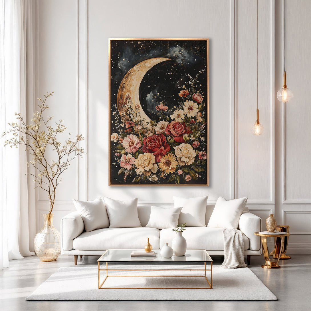 Framed Wall Art featuring a celestial floral design with a crescent moon. Romantic style with a dark, moody color palette of black, gold, and muted florals. Perfect for home decor.