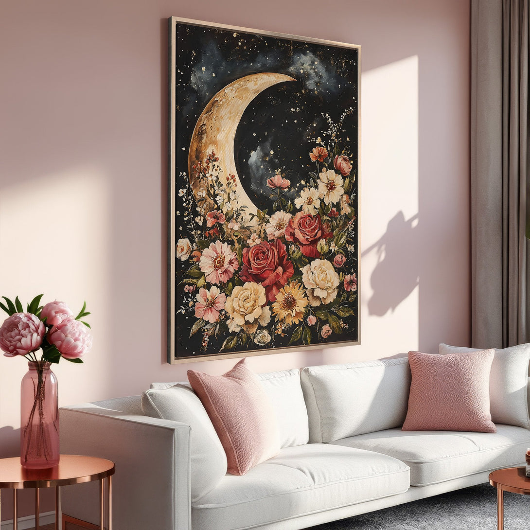 Framed Wall Art: Moon & floral art print in warm tones. Perfect for living room decor. Features a crescent moon and beautiful flowers.