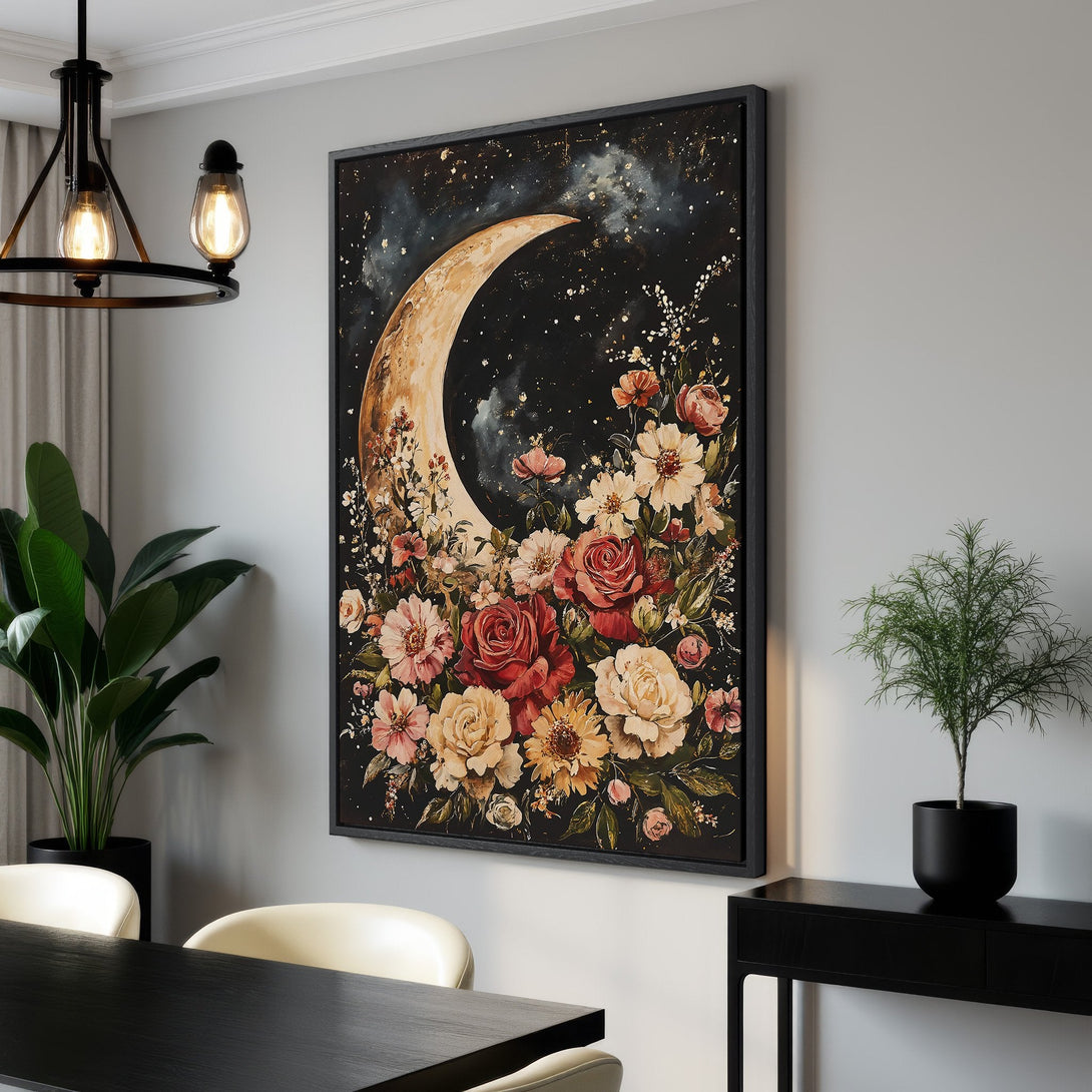 Framed Wall Art: Celestial moon and floral design in warm, earthy tones. Perfect for adding a touch of bohemian elegance to your home decor. Shop now!