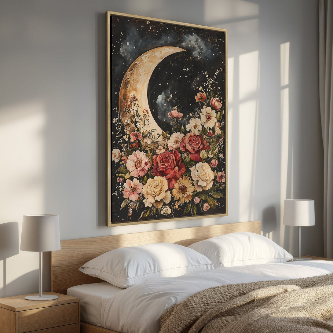 Framed Wall Art: Moon & floral design in warm tones. Perfect bedroom decor! Adds a touch of celestial beauty and cozy vibes. Shop now for unique wall art!