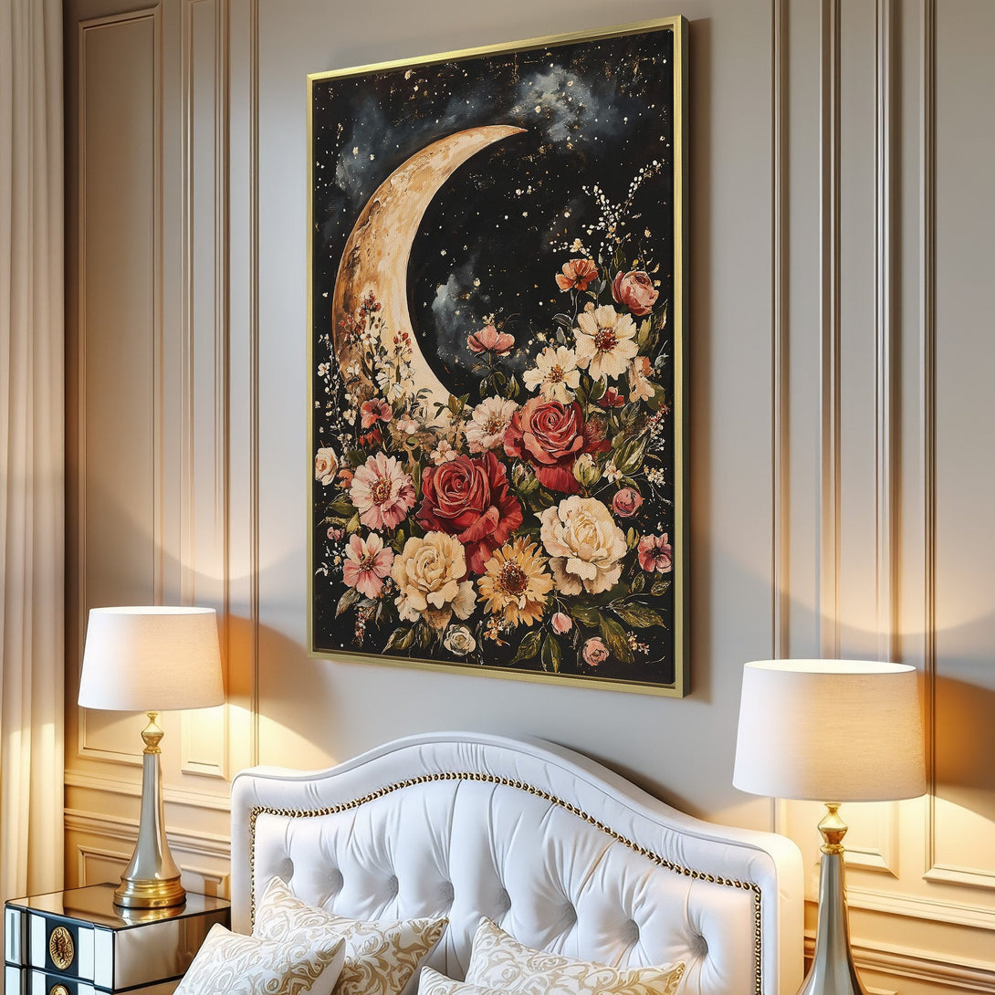 Canvas Print: Celestial moon and floral art in a warm, vintage style. Features a dark, moody background with a palette of golds, reds, and creams.