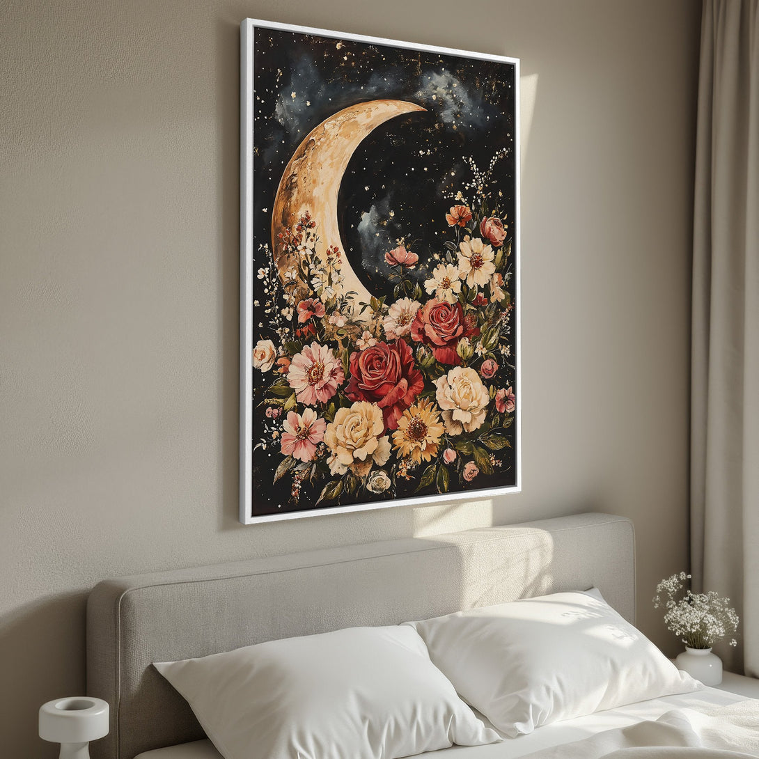 Framed Wall Art featuring a crescent moon and floral arrangement. Romantic, watercolor style with a warm, earthy color palette. Perfect bedroom decor!