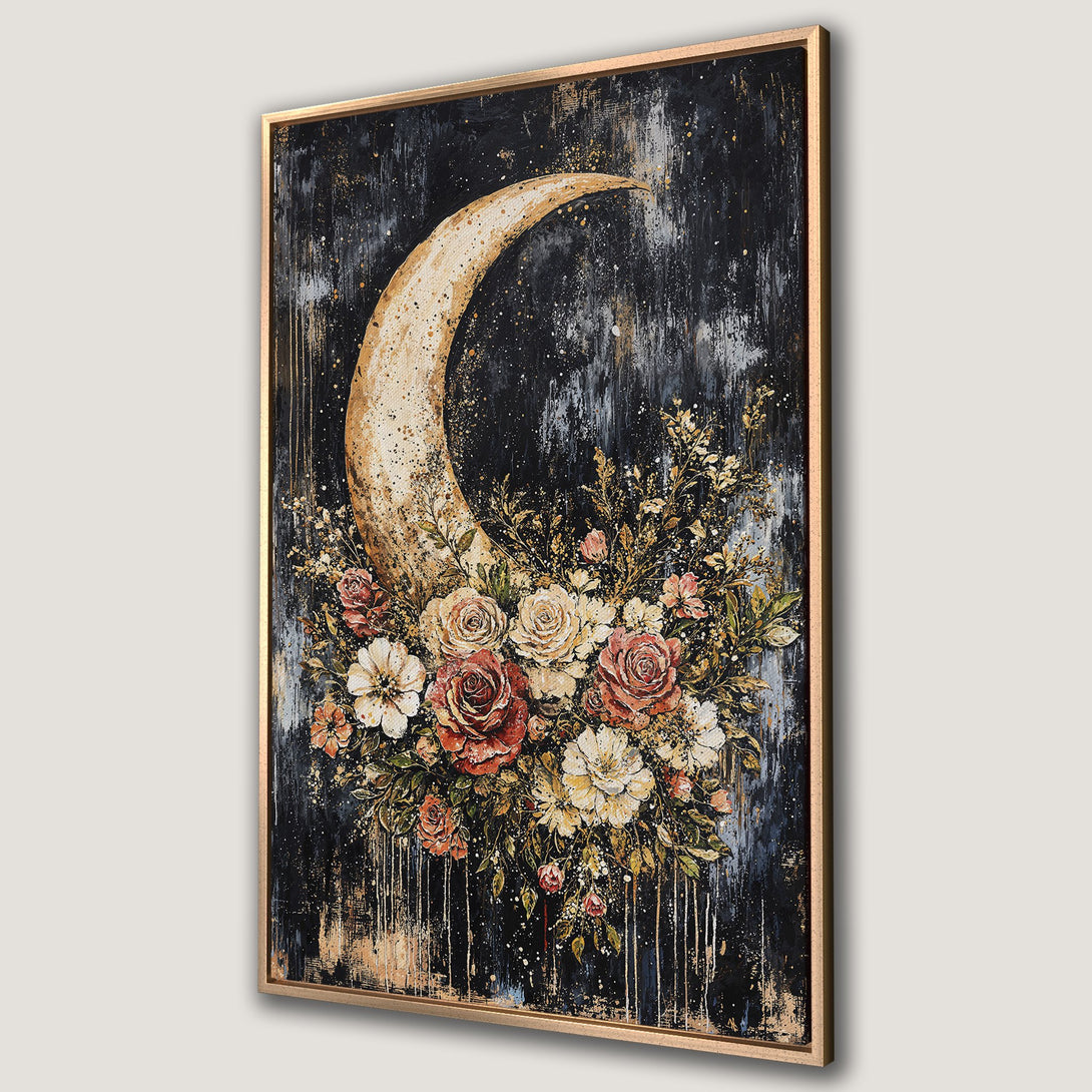 Framed Wall Art featuring a celestial moon and floral arrangement in a dark, textured style with gold, black, and warm tones. Perfect for any space!