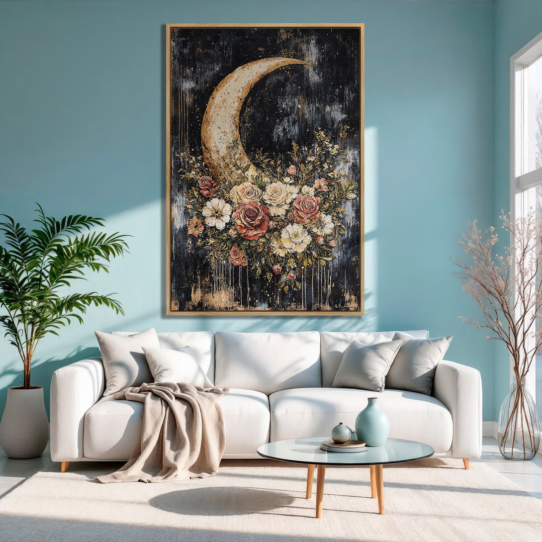 Framed Wall Art: Moon & floral canvas print in a modern living room. Features a dark, textured background, warm color palette, and elegant style. Perfect home decor!