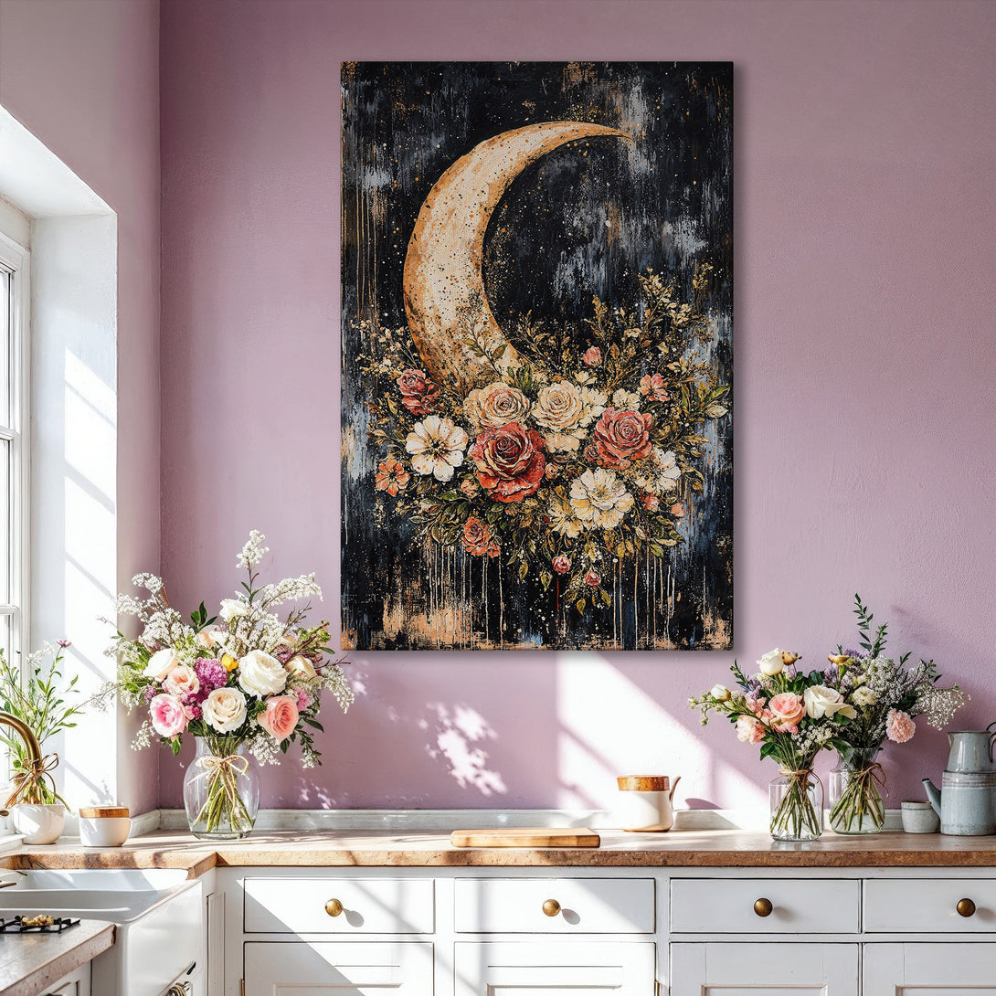 Framed Wall Art featuring a celestial floral design with a crescent moon and roses in a moody, dark color palette. Perfect for adding elegance to any space.