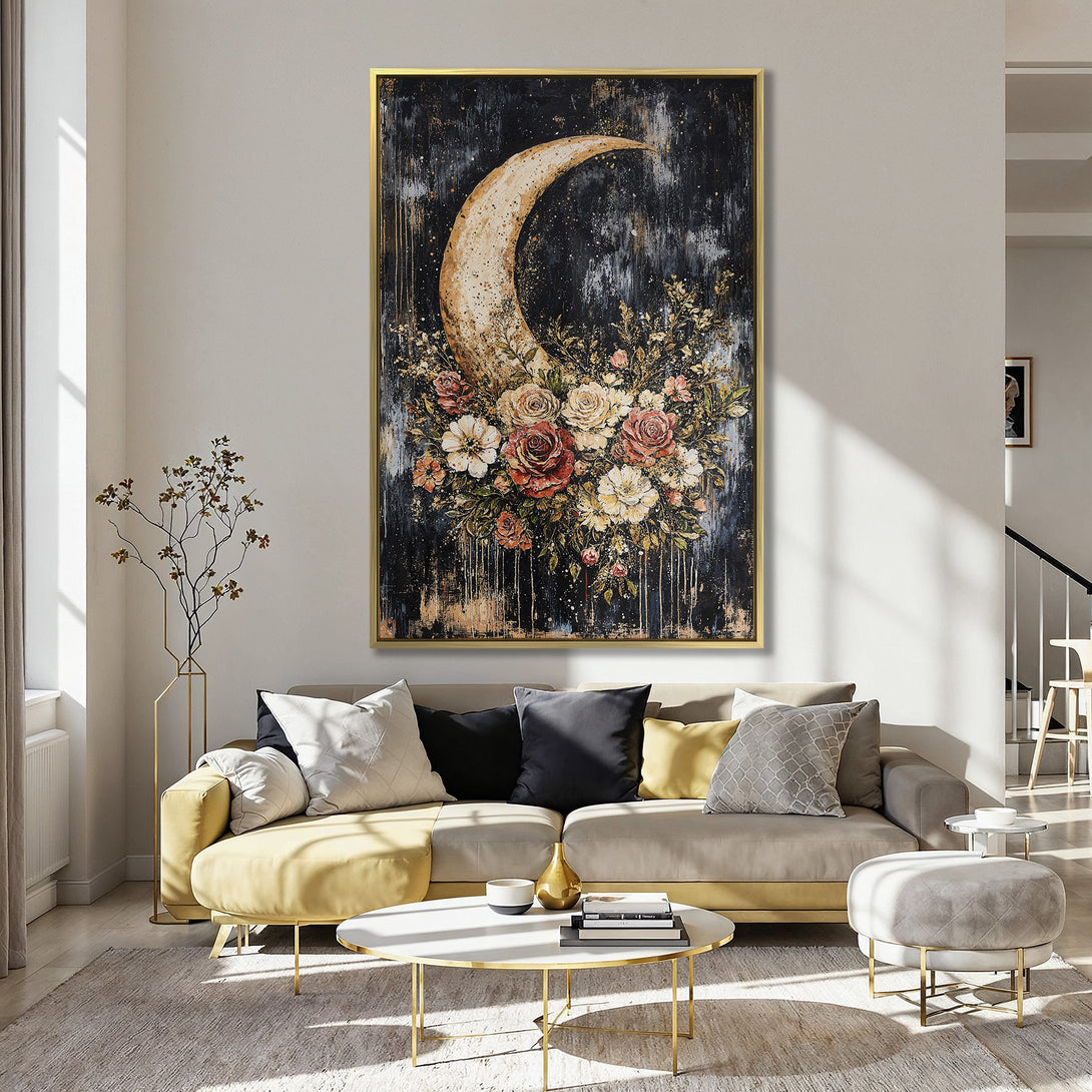 Canvas Print: Abstract moon and floral art in a kitchen. Dark, moody style with warm, earthy tones and pops of rose and cream. Perfect wall decor!