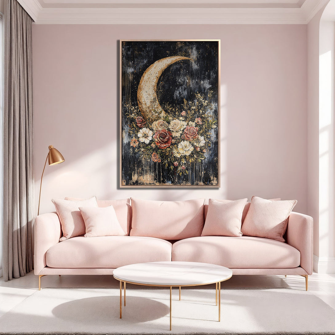 Framed Wall Art: Abstract moon and floral painting in a blush pink living room. Modern art with a dark, gold, and blush color palette. Elevate your space!