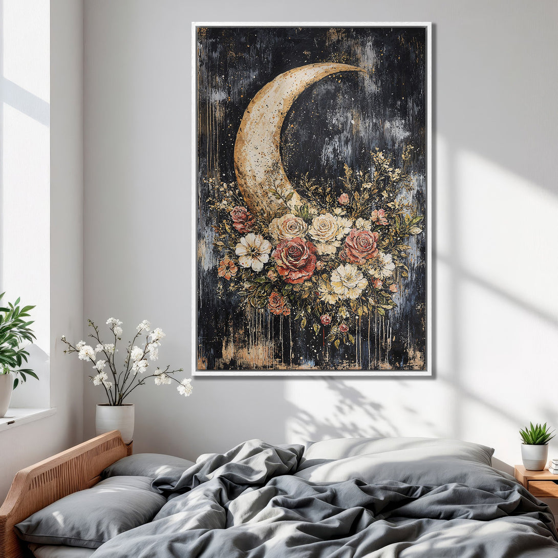 Framed Wall Art featuring a moon and floral arrangement in a bedroom. Dark, moody color palette with gold accents, perfect for modern decor.