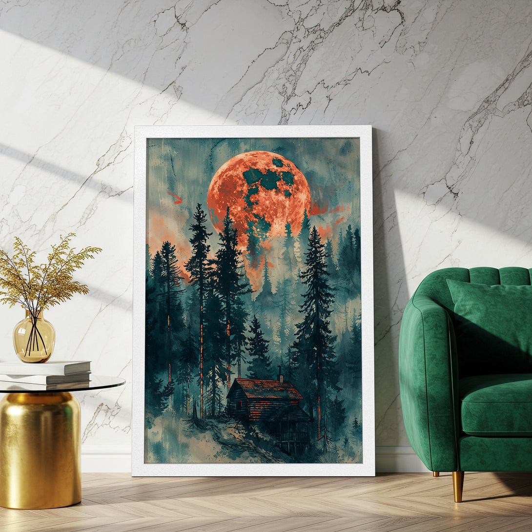 Framed Poster featuring a cabin in a forest with a large red moon. Moody watercolor style, teal and orange color palette. Perfect wall art!