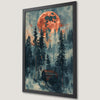 Crimson Moon Forest Cabin Art Poster - Surreal Wilderness Decor