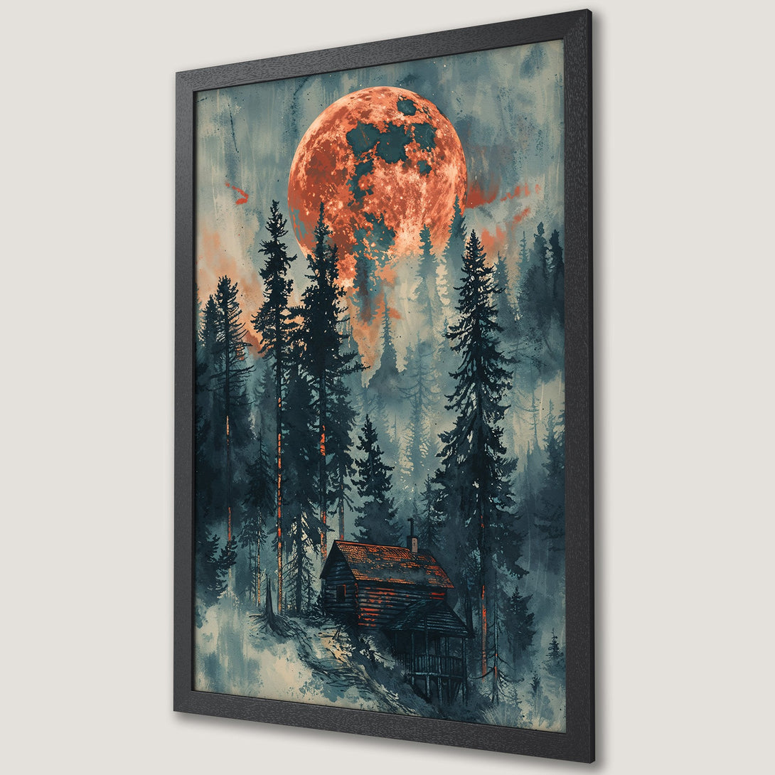 Framed Poster: Forest scene with cabin, large orange moon. Watercolor style, moody teal & orange color palette. Perfect wall art decor.
