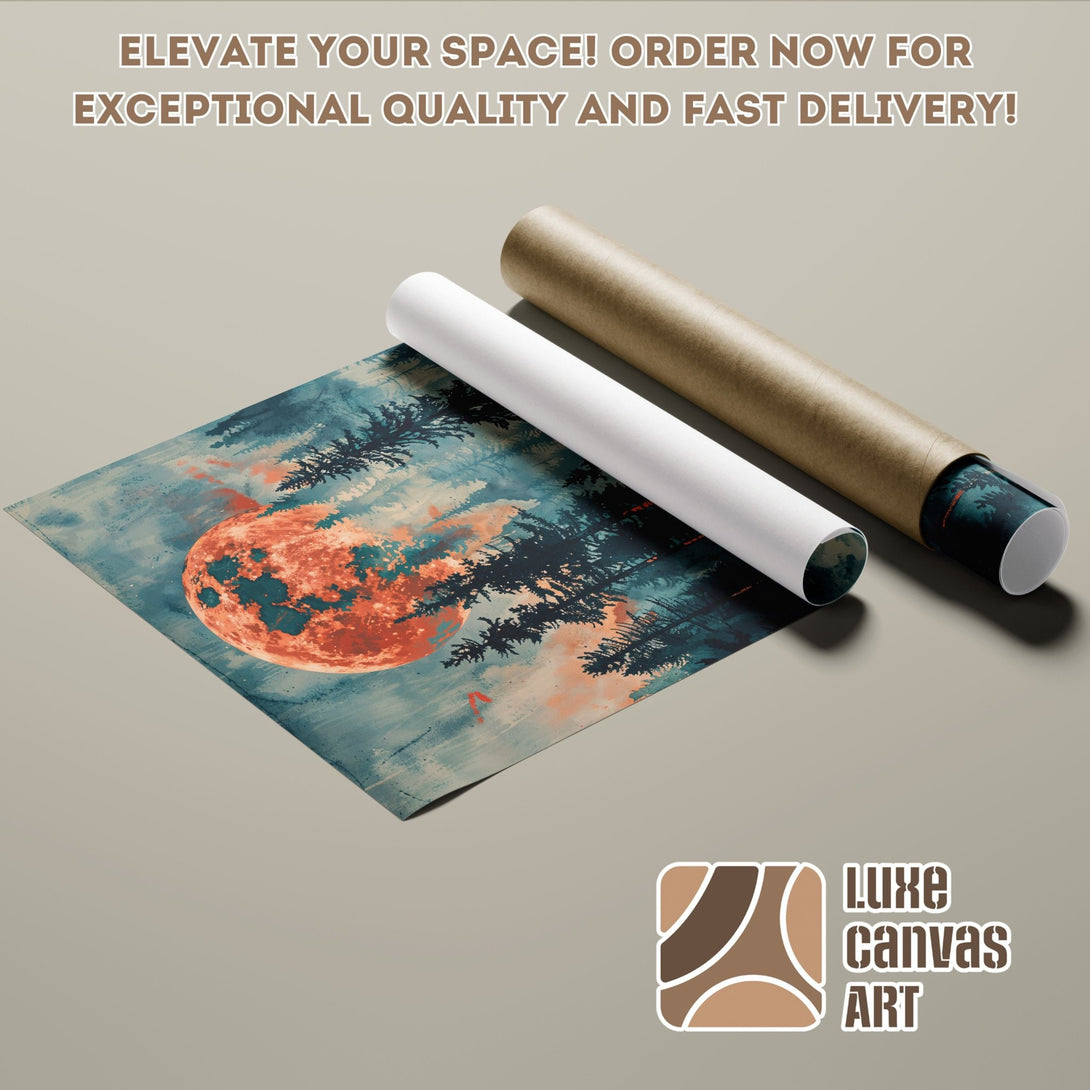 Poster Roll featuring a forest scene with a red moon, in a watercolor style with teal and orange tones. Order yours today!