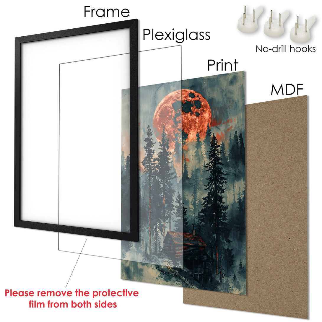 Framed Poster featuring a forest scene with a red moon, in a dark, moody style. Perfect wall art for your home!