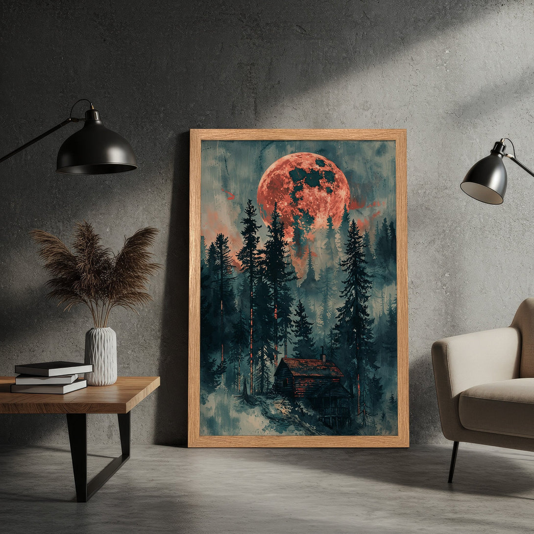 Framed Poster: Forest scene with red moon, moody art style, teal & orange color palette. Perfect wall decor!
