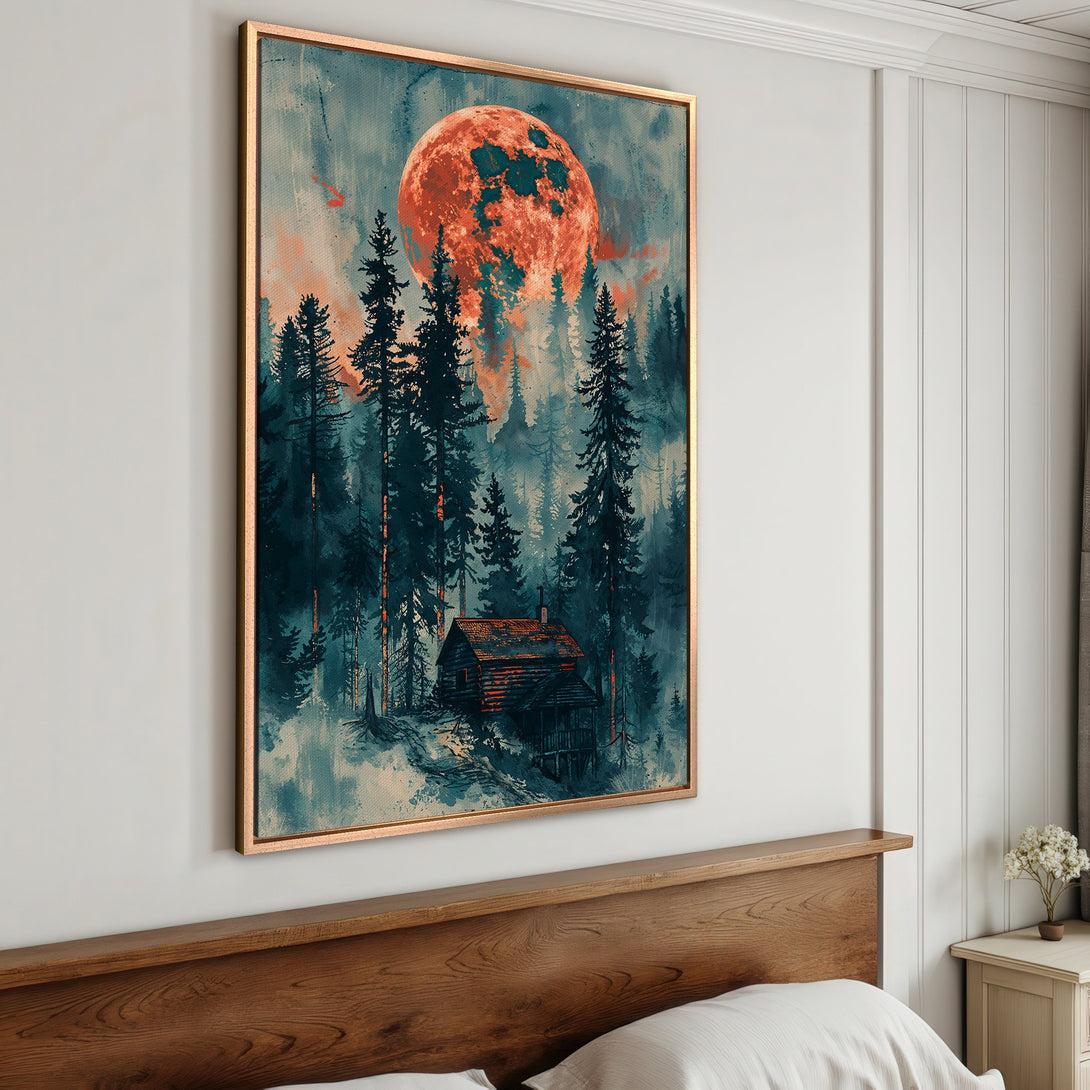 Framed Wall Art: Watercolor forest scene with a cabin and red moon. Moody teal and orange color palette. Perfect for adding a touch of nature to your space.