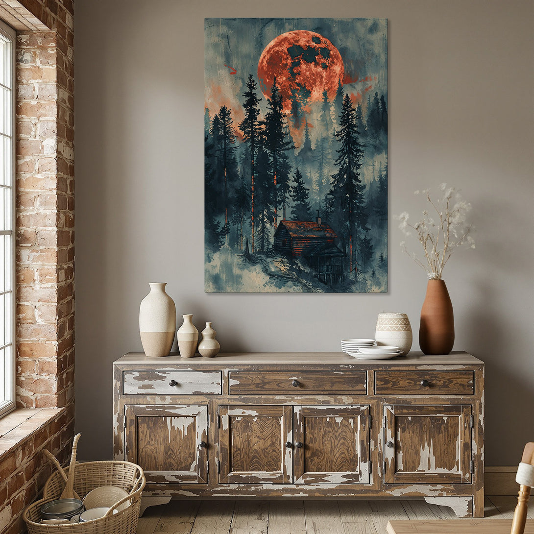 Framed Wall Art: Moody forest scene with a red moon. Teal and orange color palette, perfect for adding a touch of nature to your home decor.