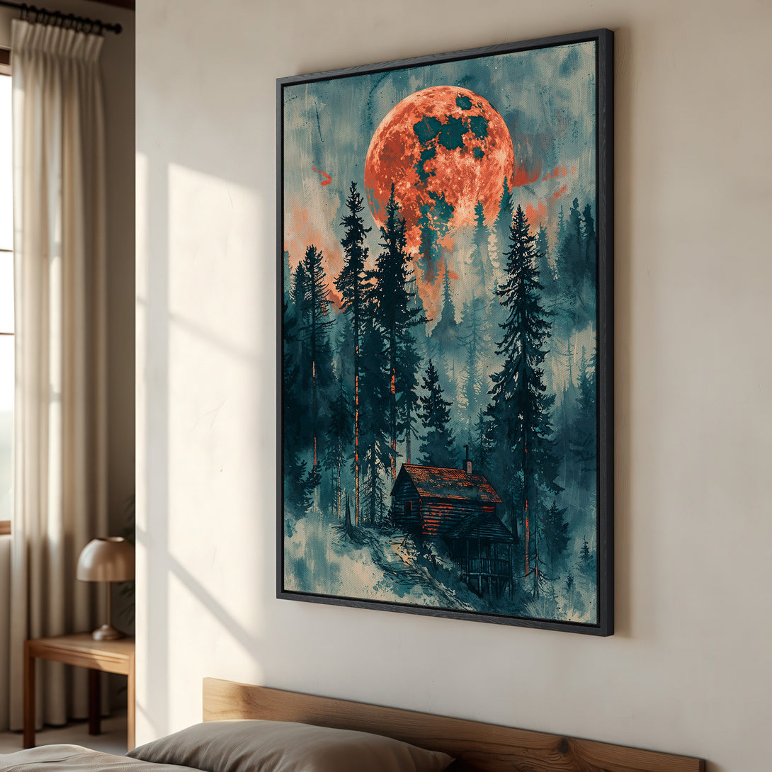 Framed Wall Art: Moody forest scene with a red moon. Teal and orange color palette. Perfect for adding a touch of nature to your home.
