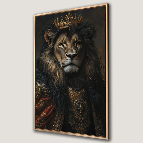 Framed Wall Art: Majestic lion portrait in regal attire, rich gold and red tones. Transform your space with this striking canvas print!