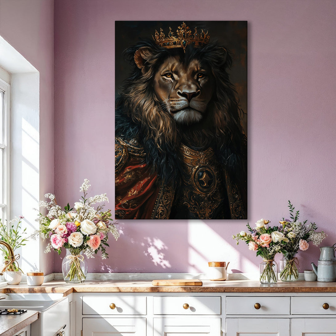 Framed Wall Art: Regal lion portrait in a gold frame. Rich, warm color palette of browns, golds, and reds. Perfect for luxury home decor.