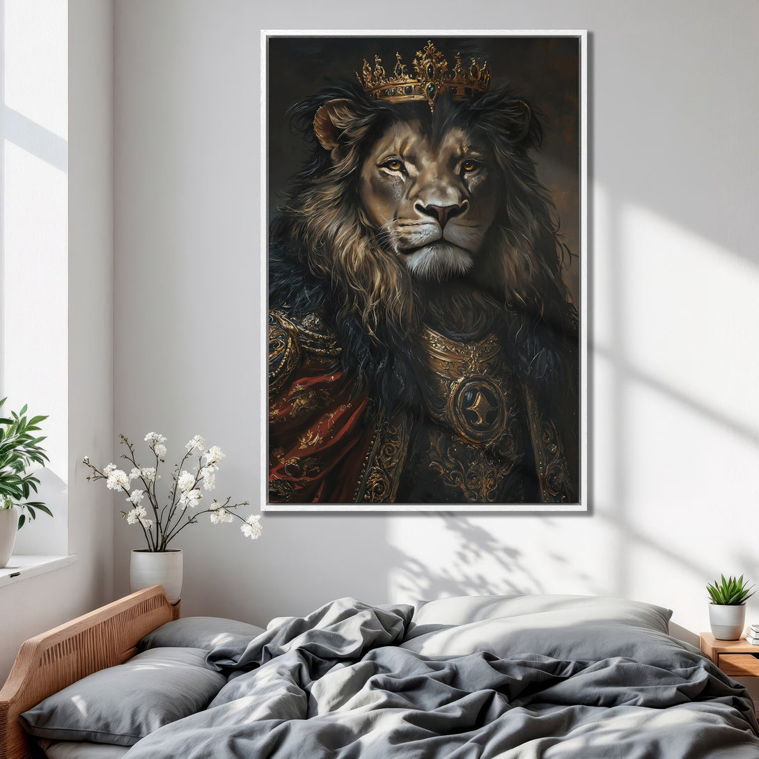 Framed Wall Art of a regal lion in a crown. Rich, warm color palette with gold and red accents. Perfect for adding a touch of luxury to your space.