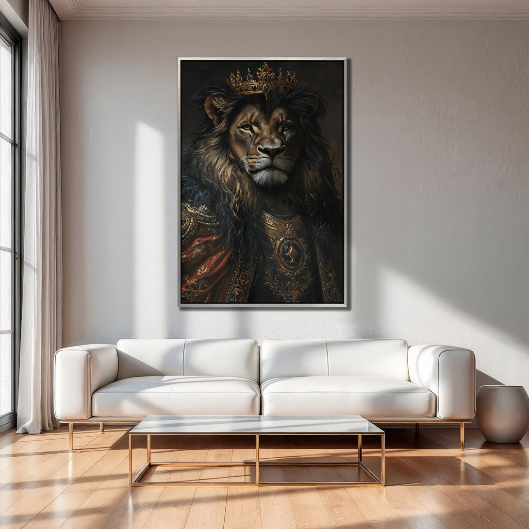 Framed Wall Art: Regal lion portrait with a crown, rich gold and dark tones, perfect for adding a touch of luxury to your home decor.