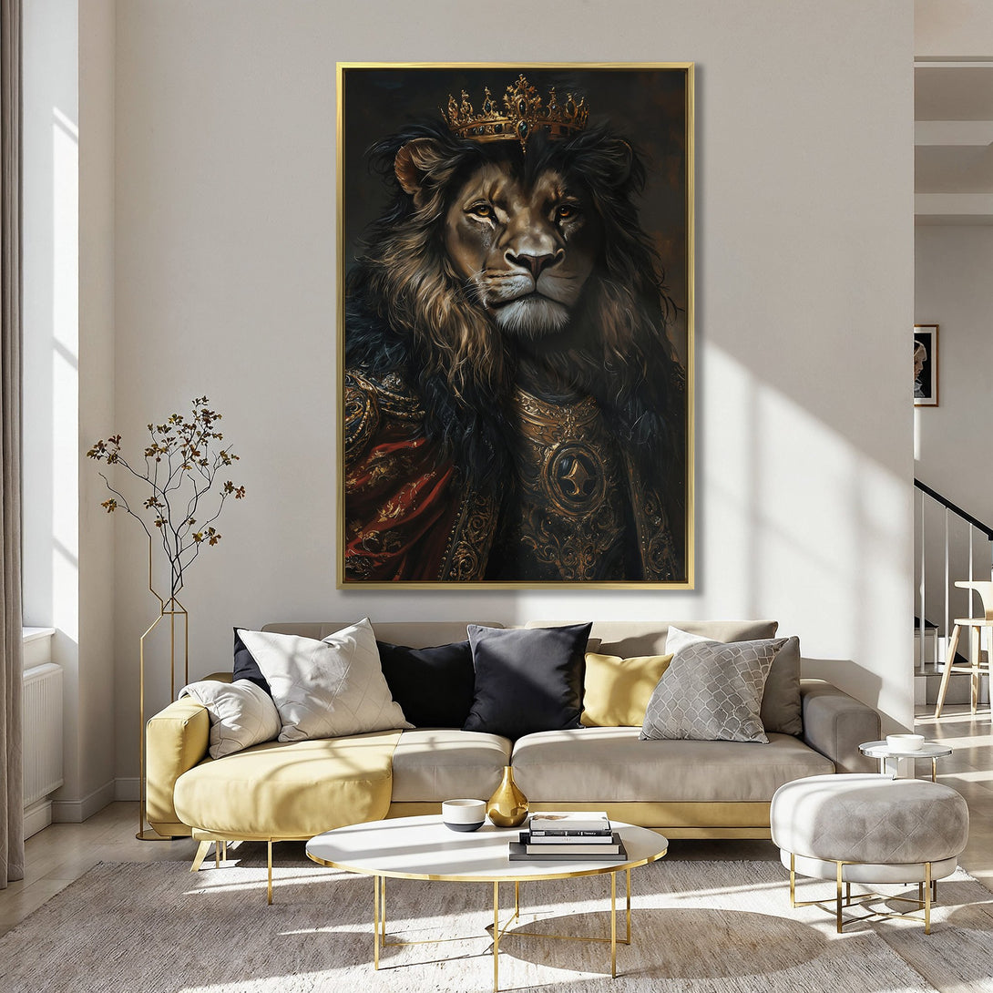 Canvas Print of a regal lion with a crown, in a rich, warm color palette. Perfect for adding luxury to your home decor.