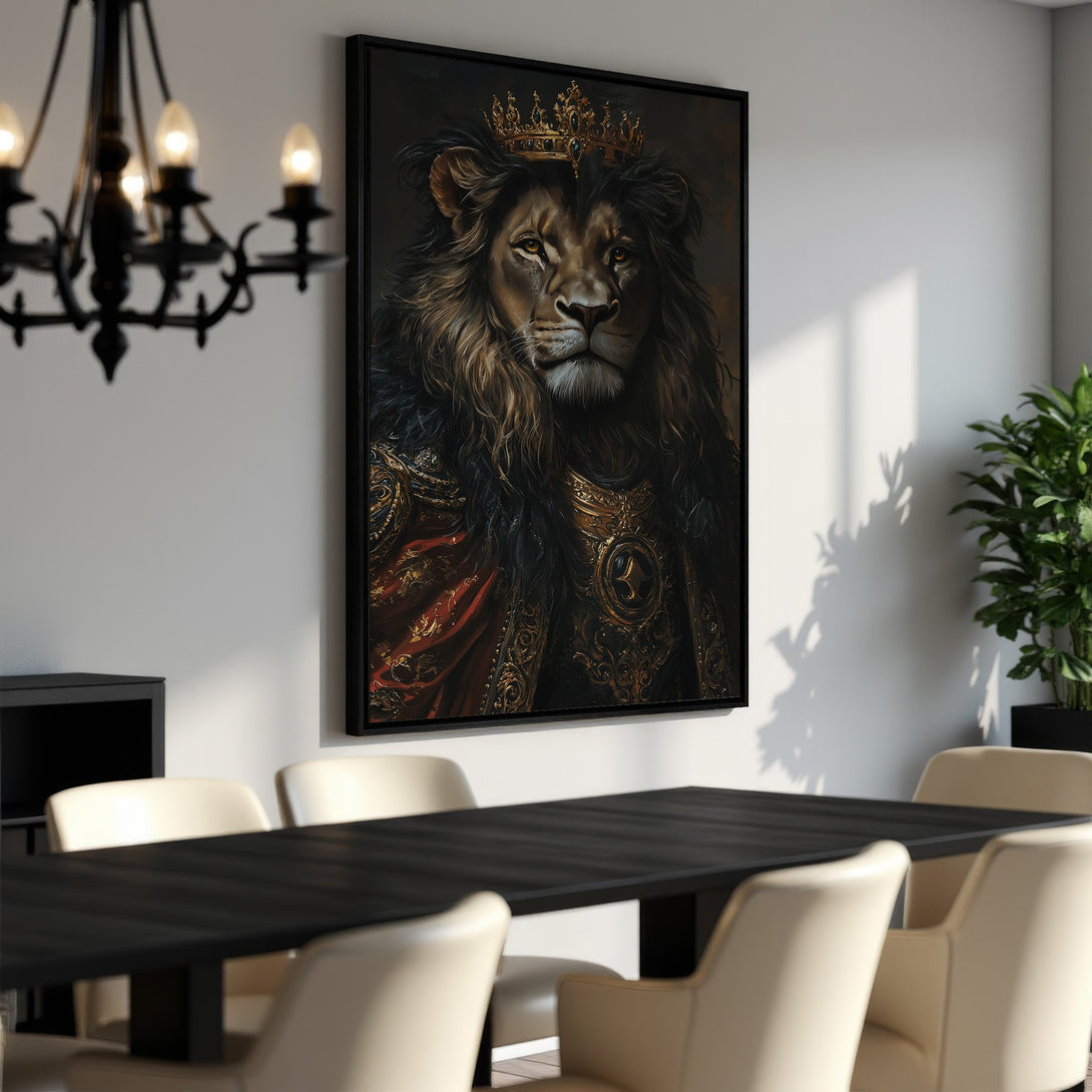 Framed Wall Art: Regal lion portrait in a luxurious, dark color palette. Elevate your space with this stunning Canvas Print, perfect for any interior.
