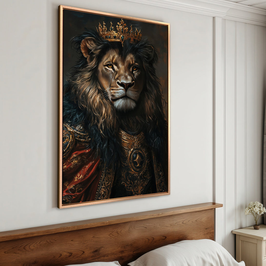 Framed Wall Art: Regal lion portrait in rich, warm tones. Elegant canvas print with gold frame, perfect for adding a touch of luxury to your home decor.