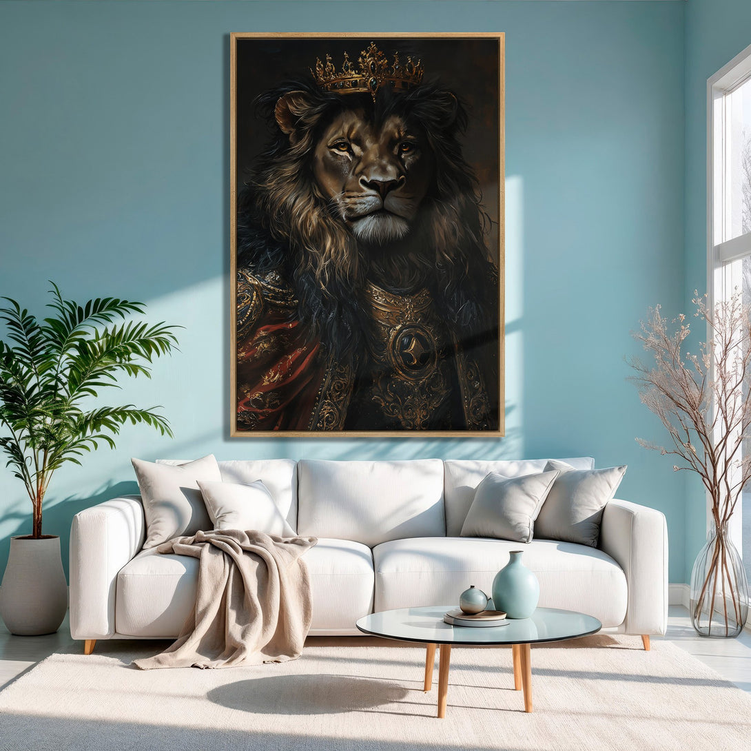 Framed Wall Art: Regal lion portrait in warm, rich tones. Dramatic, royal artwork for your home. Enhance your space with this stunning Canvas Print.