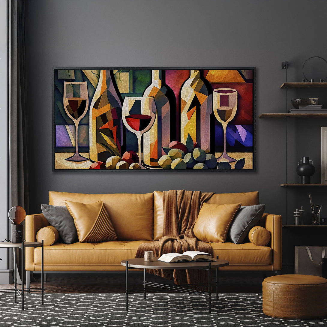 Framed Wall Art featuring a vibrant abstract wine still life in a modern interior. Colorful palette of reds, oranges, and blues. Perfect for kitchen or dining room.