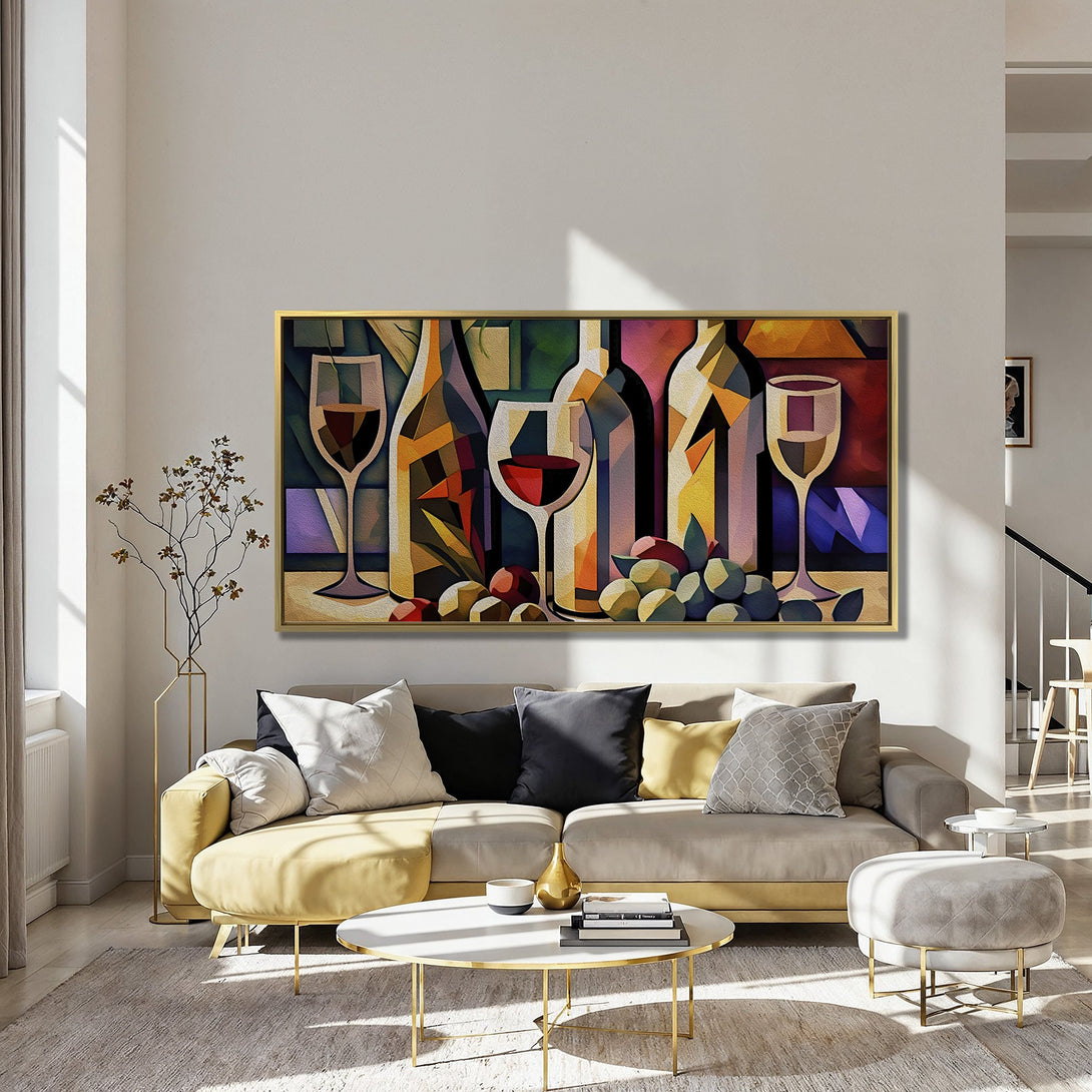 Canvas Print of wine bottles and glasses in a colorful, abstract style. Perfect for adding a touch of elegance to your home decor.