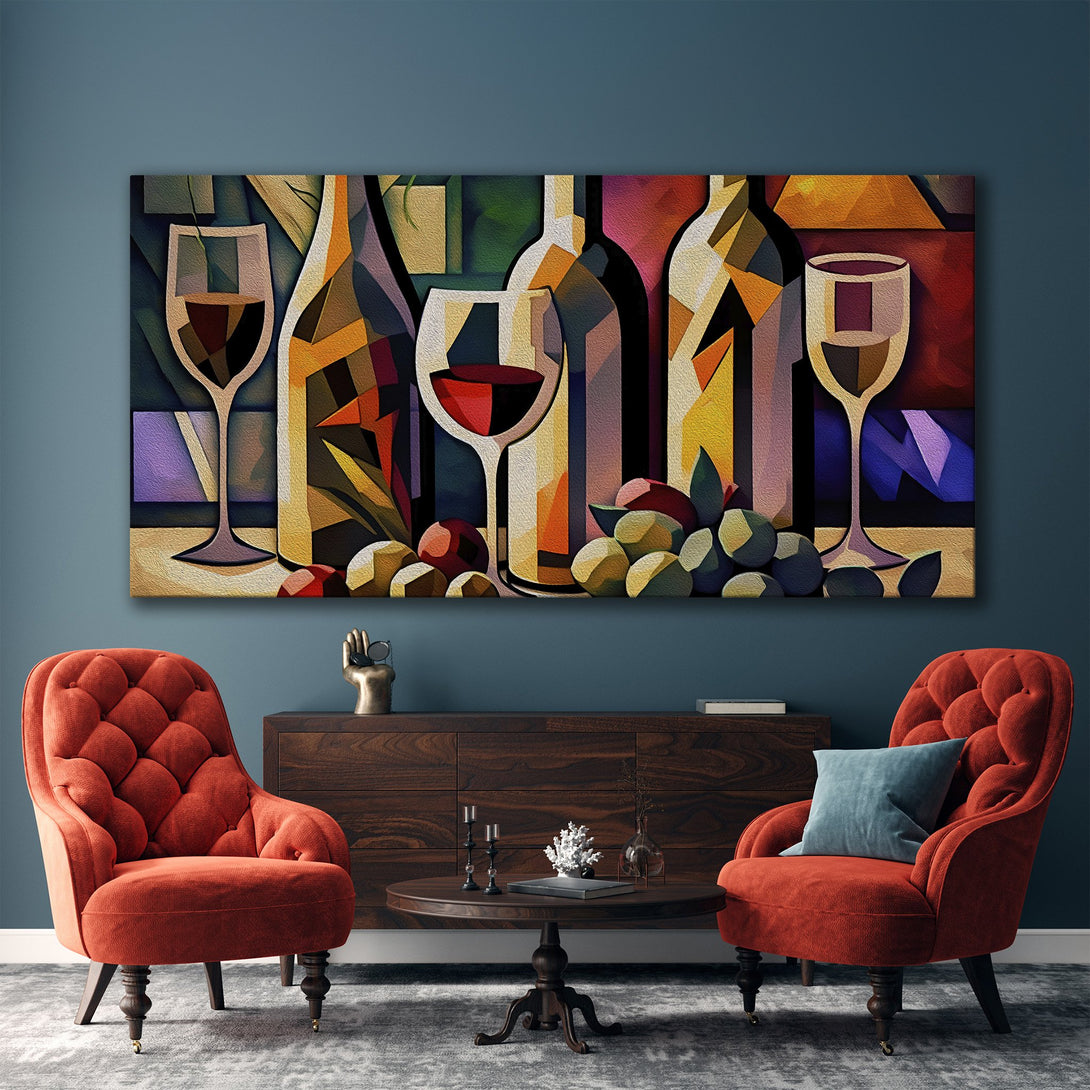 Framed Wall Art: Abstract wine bottles and glasses in a colorful, geometric style. Perfect for adding a touch of modern art to your living room.