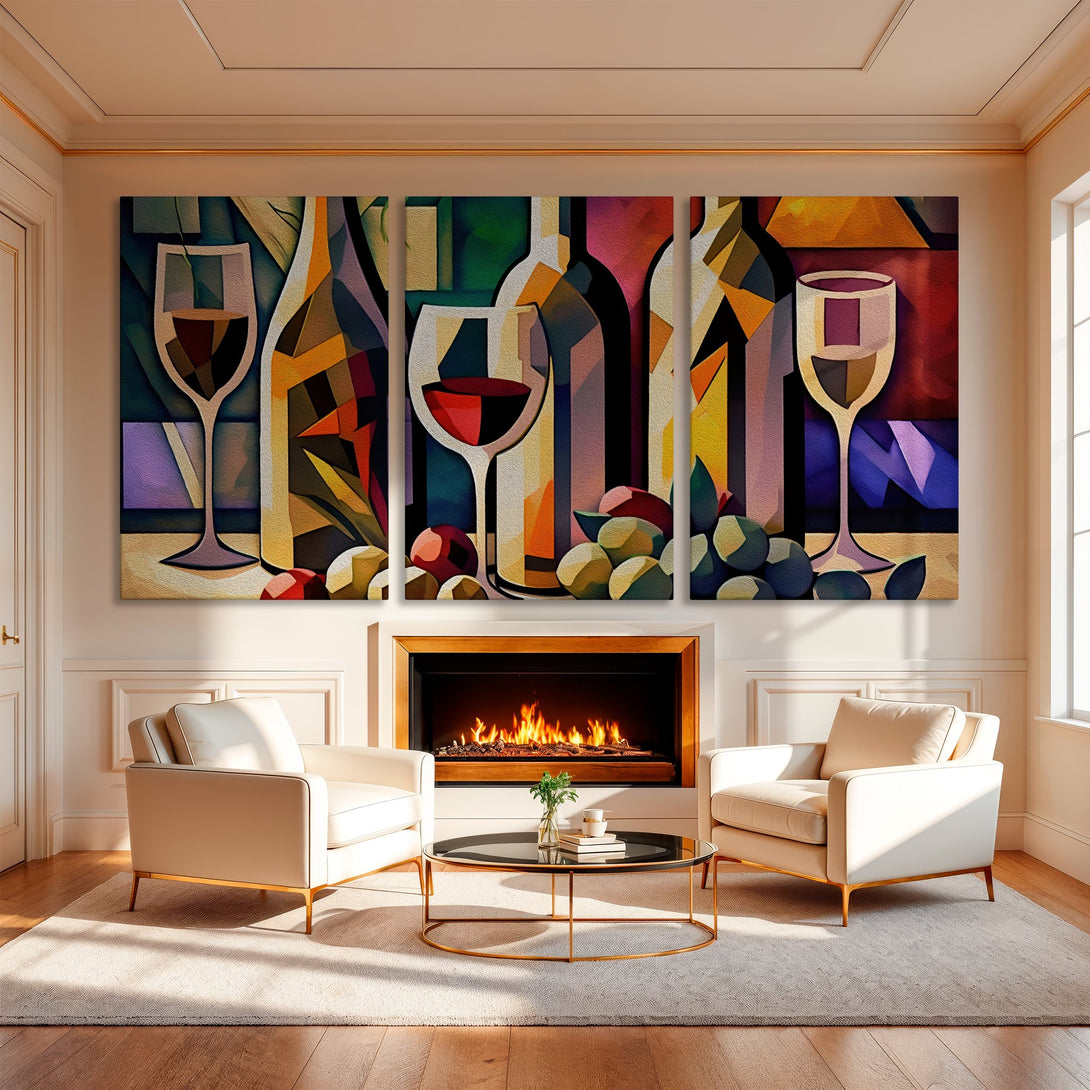 Abstract Canvas Print of wine glasses & bottles in a modern interior. Colorful art with warm tones, perfect for living room decor.